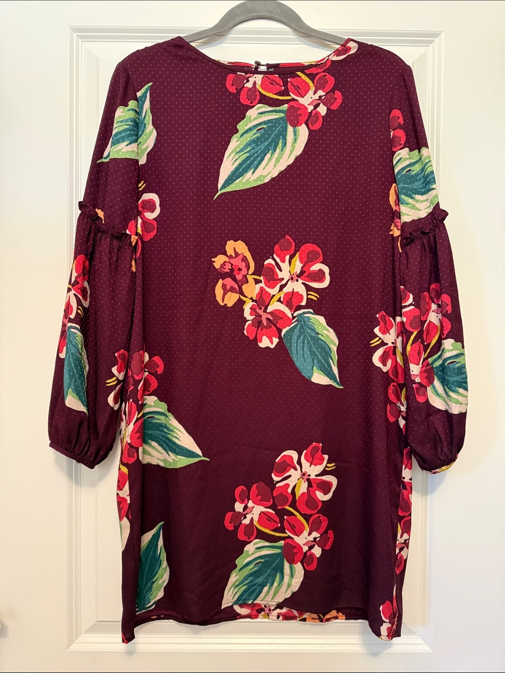 LOFT Burgundy Floral Long Sleeve Shift Dress